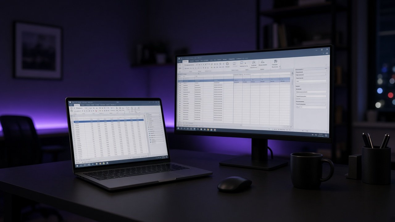A UK home office at night running line-of-business apps through a hosted Windows desktop